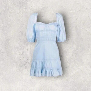 Reformation Paxton Puff Sleeve Lace Embroidered Mini Dress in Blue B783